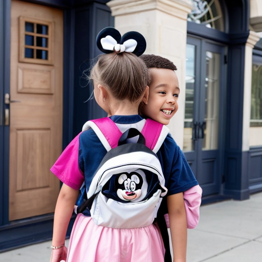 A bright, colorful children’s book cover in the style of a Disney cartoon. In the center, a smiling girl stands in front of a cheerful elementary school building, next to her younger brother who has Down syndrome and autism.

The girl has light skin and big expressive eyes. She has blonde hair in a high ponytail with a cute hair tie. She is wearing a light pink skirt and a white ruffled shirt, with a colorful backpack on her shoulders.

Her brother has light skin, short fluffy hair, and gentle, happy eyes. Show his features clearly so it’s clear he has Down syndrome, but in a kind and respectful way. He is wearing a dark blue shirt, black shorts, and a backpack. He is smiling and standing close to his sister, maybe holding her hand or standing shoulder to shoulder, to show their strong, loving bond.

Behind them is a warm, welcoming school building with big windows, a front door, and the school name on a sign or banner. Add trees, flowers, and a sunny blue sky with soft clouds to make the scene bright and happy, like a Disney movie background.

At the top of the cover, in large, playful, Disney-like letters, write the title: “Posey’s Story”.
Leave space at the bottom for the author’s name.

The overall style should be like a Disney animated film: soft shading, big friendly eyes, rounded shapes, and an emotional, heartwarming feeling that celebrates siblings, kindness, and inclusion. Make it more cartoon