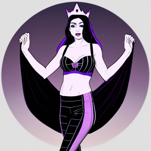 90's disney's 2d aladdin style comic dark blue background of panel 1 evil queen barefoot with purple and black striped harem pants and purple and black striped bra with both hand palms place together and hiding the bottom of her mouth with a purple and black striped veil wrapped around her arms. panel 2 she danced barefoot with purple and black striped harem pants and purple and black striped bra and purple and black striped veil covering her shoulders and arms and raising legs and bounced up and down her belly and which causes an electric discharge to form which transforms her purple and black striped veil from shoulders and arms into a bolt of lightning. Panel 3 which tye evil queen barefoot with purple and black striped harem pants and purple and black striped bra grabs the lightning bolt from her shoulders and arms with one hand. panel 4 then the evil queen barefoot with purple and black striped harem pants and purple and black striped bra rubs the lightning bolt on her butt with the lightning bolt against her butt and shook her hips left and right. panel 5 then as the evil queen barefoot with purple and black striped harem pants and purple and black striped bra still shook her butt left and right she turns and her butt is now facing the viewer while rubbing the lighting bolt with her.