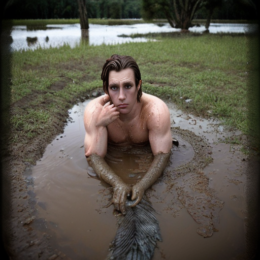Swamp merman.  Anime. Fishtail. Worried. Stuck in a drying up mud puddle. Handsome. Gills. 