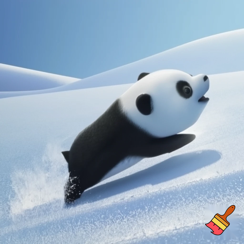 Penguin with a panda head sliding on the snow
