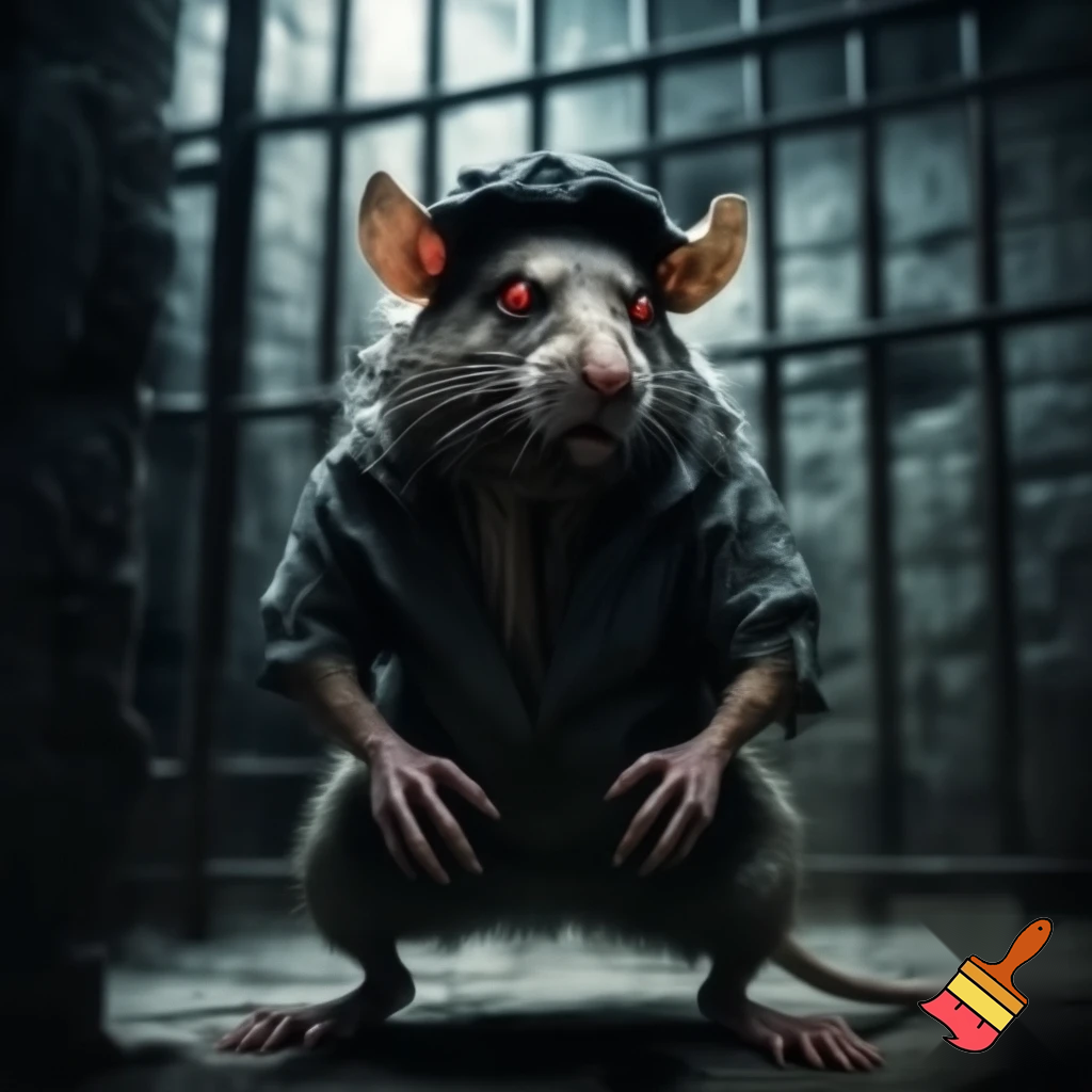 Evil red eyed rat criminal in prison uniform red eyes