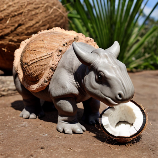 Draw a cute baby triceratops in the wild with a coconut nut shell on his nose 