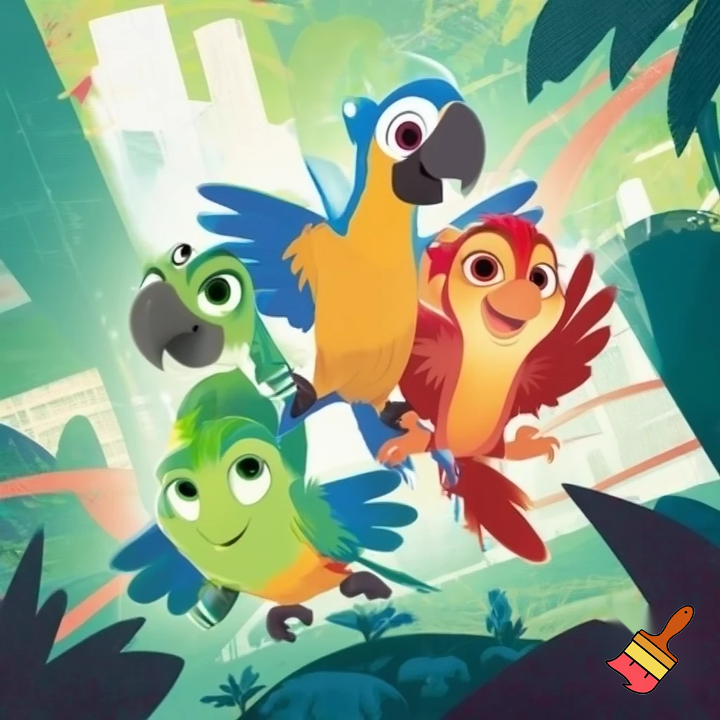 A 2D Cartoon Computer-Animation Poster Shows Three Young Macaws Carla Bia & Tiago