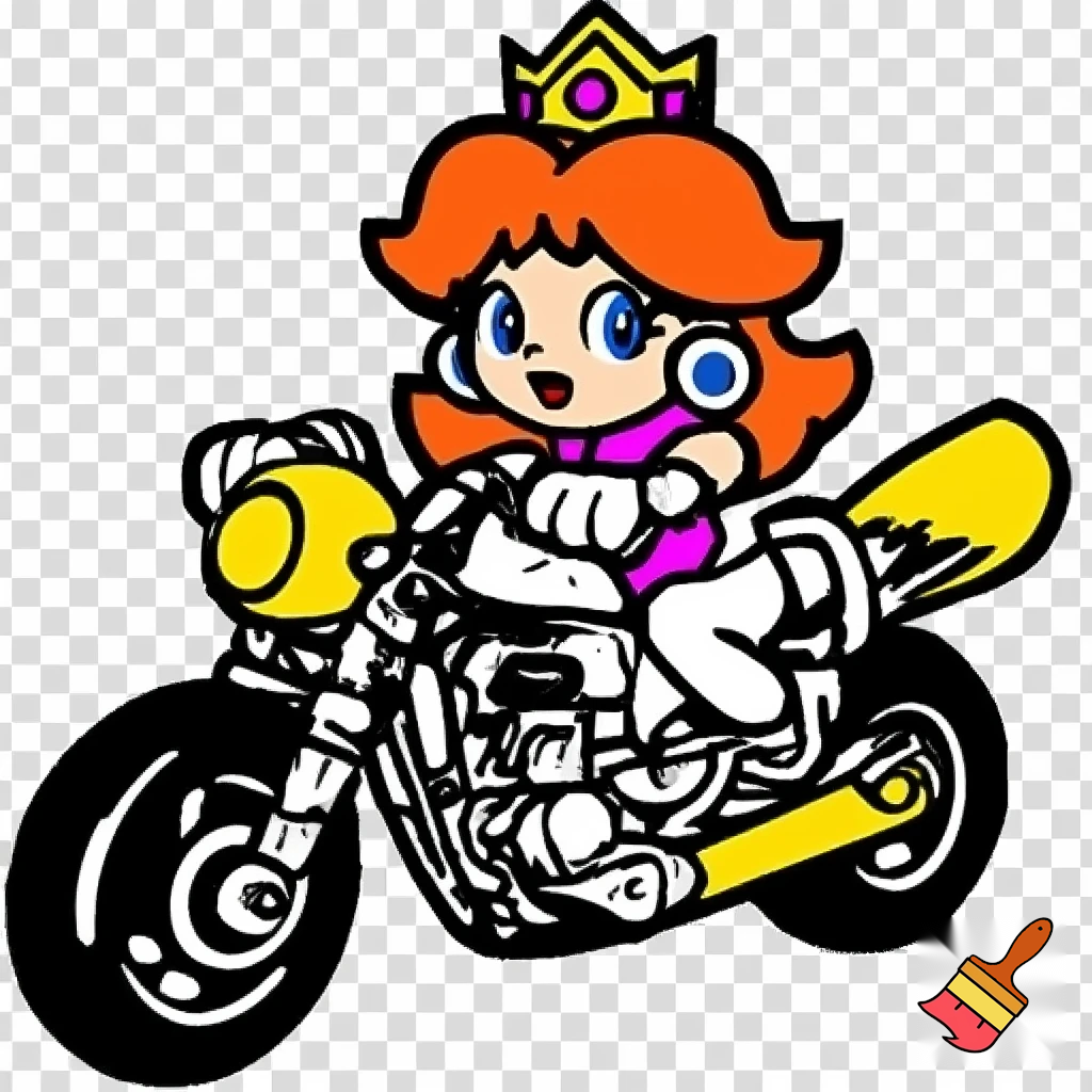 princess daisy riding a motorcycle wearing a racing jump suit in classic line art style with full color