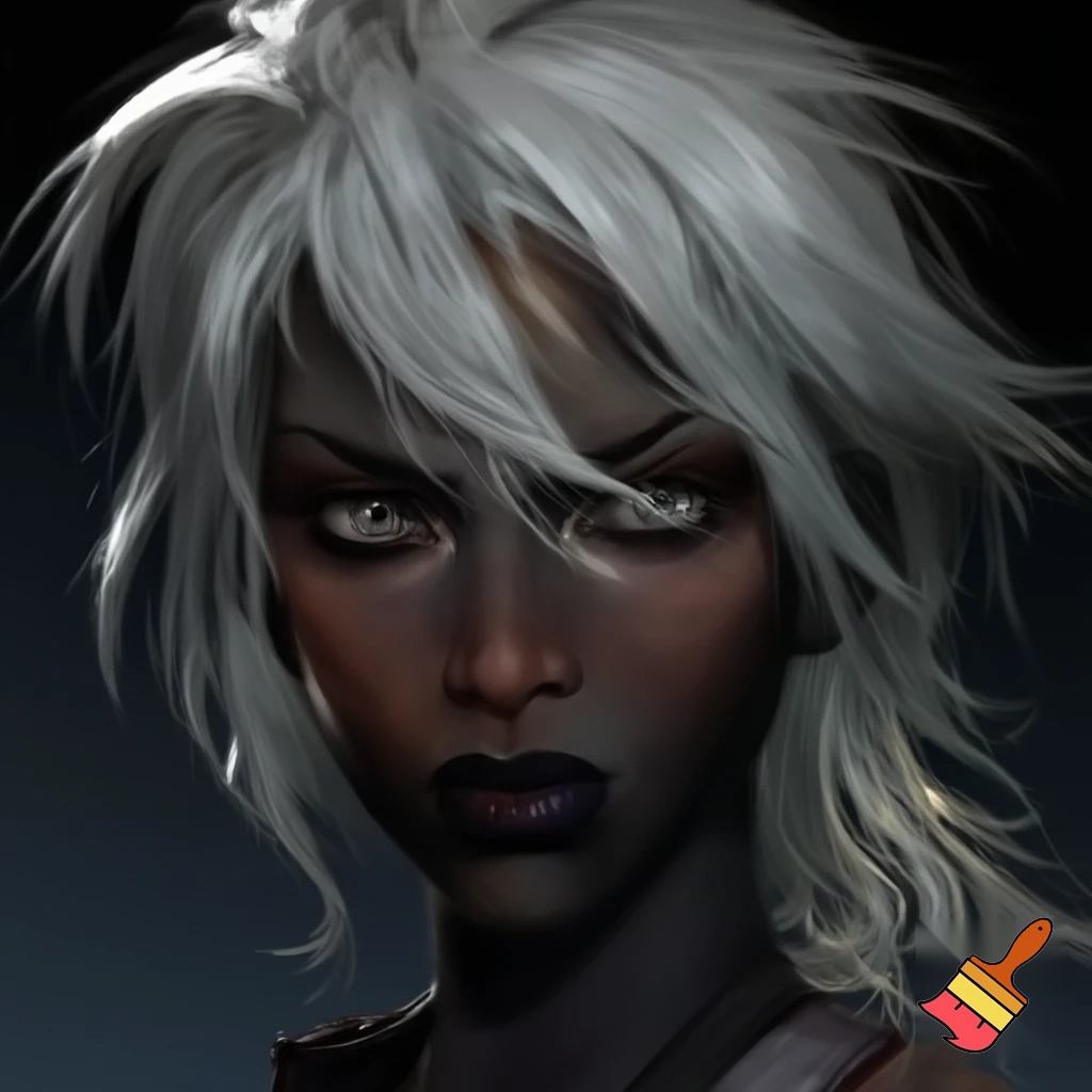 portrait of female character with thick, white, unevenly cut thick hair, realistic, smooth face, charcoal black skin, caucasian features, unkempt hairstyle, lending the person an edgy and adventurous appearance, dark adventure atmosphere, transparent background