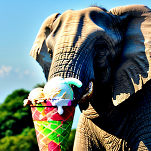A happy elephant wearing sunglasses and eating ice cream