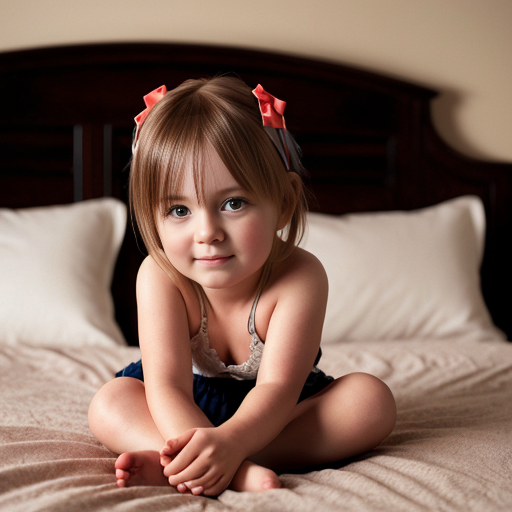 auburn little girl, brown eyed, sitting on bed, on the bedroom, close up