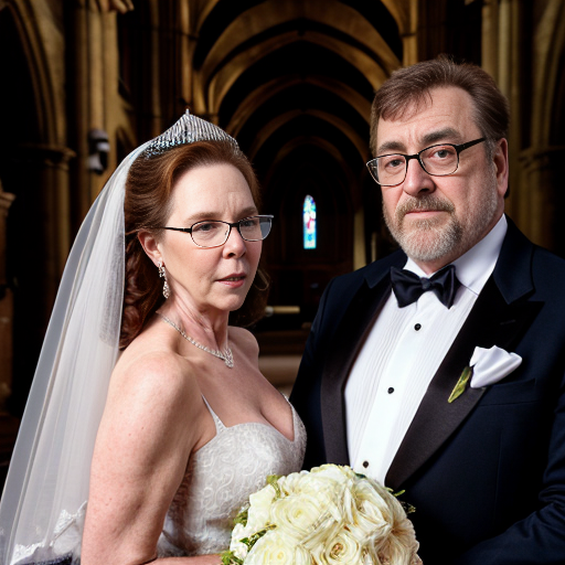 John Goodman y Elizabeth Perkins glasses con corona Flores veil con traje formal elegante boda sensual sexy con holding ramo de flores con altar con iglesia templó católico con foto studio 27