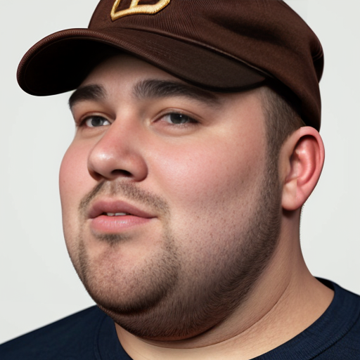 28 Year old Fat Guy with a big nose and has medium sized curly blonde hair and is wearing a plain brown cap
