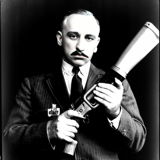 a picture of al copone  with a tommy gun in the 20s looking like a gangster
