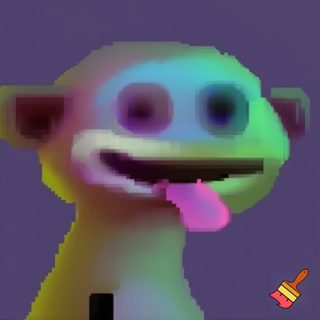 Colorful anthropomorphic animal low quality in 2010's style and blurry eyes making a basic pose with their tongue sticked out 