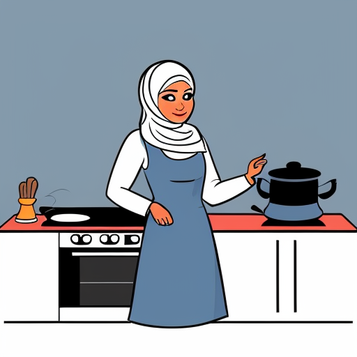 Pixar-style 3D cartoon character, standing at the stove, cooking gesture, exaggerated cartoon features, big expressive eyes, Muslim woman 35-40 years old, fully covered in wide light blue dress, loose modest clothing, headscarf covering all hair, no sexualized features, gray background, simple cartoon style