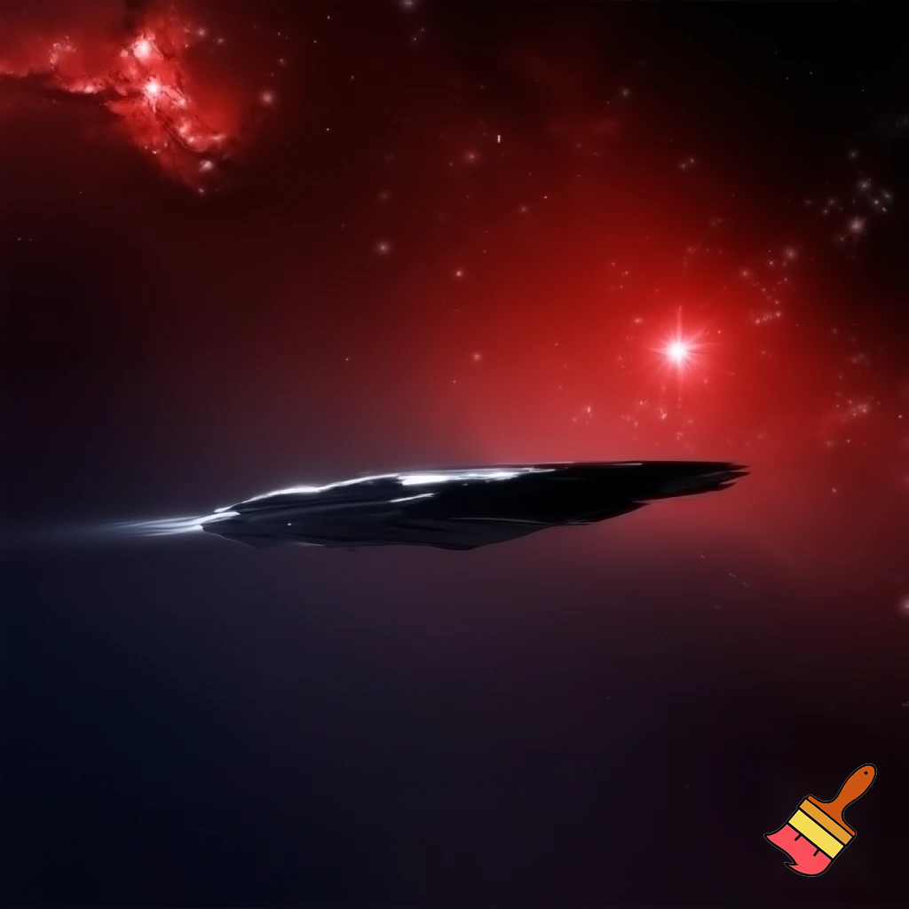 spaceship, seen from afar, crossing space full of red and white stars