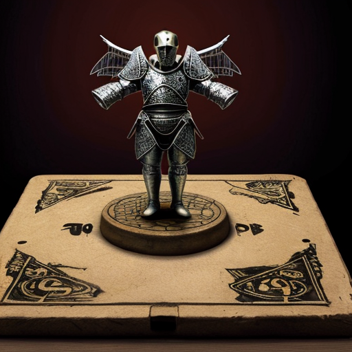 Giant medieval armoured man with the head of a lion pressing buttons on a magic rune board. Also pressing the buttons is a flying winged fairy that looks like it is made of diamond