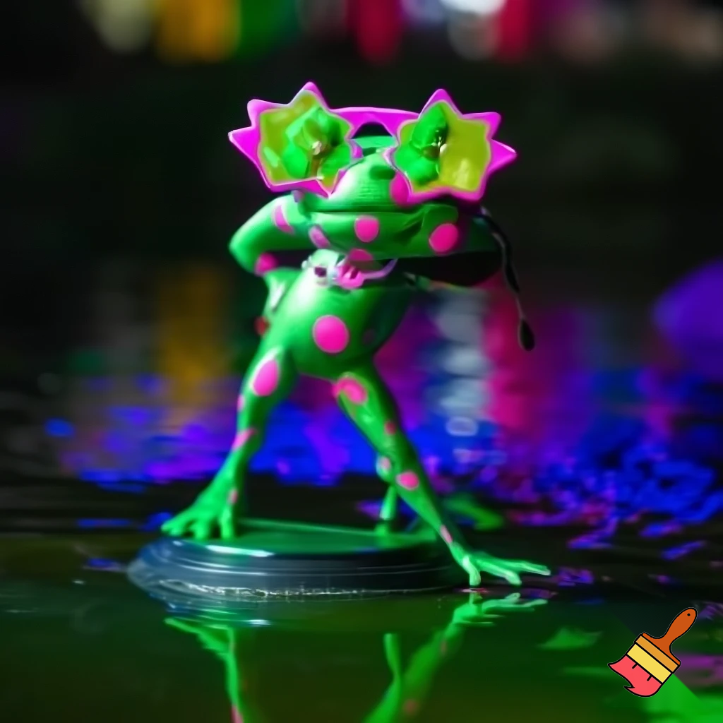 “Rana pop llamada CroakPop, de piel verde esmeralda con manchas rosadas brillantes. Usa gafas enormes en forma de estrella y un micrófono diminuto como collar. Se encuentra en un pequeño escenario improvisado sobre un charco iluminado por luces de colores. Pose estilizada de estrella del pop, ambiente divertido y vibrante, estilo caricatura detallada.”
