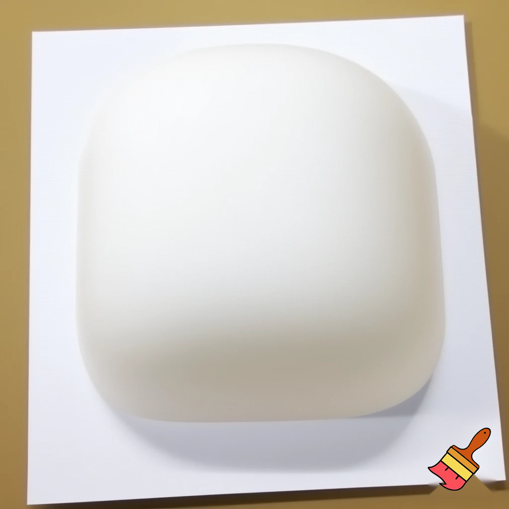 Imagine a flexible, gel-like bowl placed on top of a square piece of paper. The bowl’s material stretches and conforms perfectly to the square edges and corners of the paper, creating a smooth, dome-like shape. The bowl’s surface molds seamlessly to the square outline, resulting in a perfectly fitted, stretched, square shaped dome-like appearance.