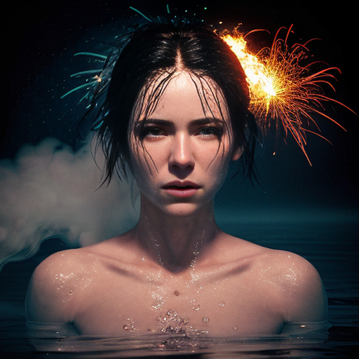 An 8K ultra-realistic, 9:16 vertical cinematic portrait that transforms the provided female model while maintaining 100% absolute likeness. The model features smooth skin tones and a piercing, symmetrical gaze directed at the camera. Her physical form serves as the conduit for a dramatic elemental split: the left side of her torso and face is wreathed in roaring, hyper-detailed orange and yellow flames, while the right side is encased in crystalline, splashing cerulean water and translucent ice droplets. Her hair is light and wispy, appearing to dissolve into rising smoke on the fiery side and shimmering mist on the aquatic side. The shot is a medium close-up with a shallow depth of field, utilizing high-contrast cinematic lighting to emphasize the clashing textures of flickering embers and refractive liquid. The primary setting is a dark, atmospheric void where the foreground is cluttered with floating sparks, glowing cinders, and suspended water molecules. There are no written mediums or canvases, only the raw interaction of fire and water scatter swirling around the subject’s shoulders and hands in a display of photorealistic power. 