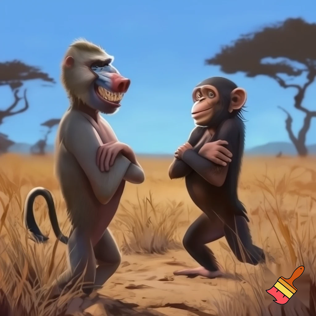 A baboon smiling and standing on his two legs with his arms crossed and looking at a chimpanzee that is standing on his two legs with his arms crossed and smiling
