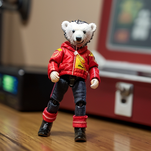 Action figure, animatronic polar bear cub with red hair, red jacket with 2 racing flags, red pants, and black boots