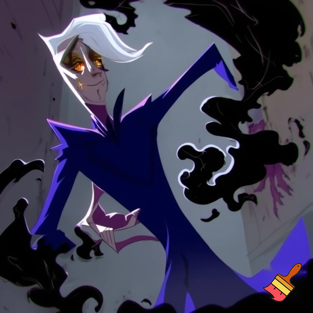 A tall, lean pale man with white hair, distinctive round brass glasses he has a stern look on his face. his face In cartoonish art style of hazbin hotel wearing his signature blue overcoat with black sinister smoke curling around him his hand reaching out, producing the black sinister smoke