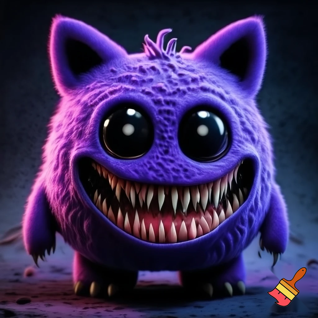 big purple monster it was shaped like a round thing with ears like a cat it had black eyes except for its tiny pupils that were a piercing white it had a wicked smile for such a short creature it had thousands of skinny razor like teeth in its mouth
