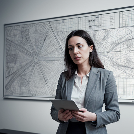 A calm, thoughtful professional woman standing in front of a large abstract map or schematic diagram with blurred and undefined paths, symbolizing uncertainty. She is not stressed, but reflective. Soft lighting, modern office environment, minimalist style, neutral tones. The mood conveys strategic thinking, responsibility, and long-term vision. Professional, realistic illustration or cinematic photography style.
