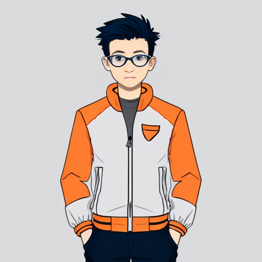 anime pokemon trainer 14 year old boy wearing grey strapped red neon tech flat goggle glasses on top of head white and orange jacket white gloves black shirt grey jeans