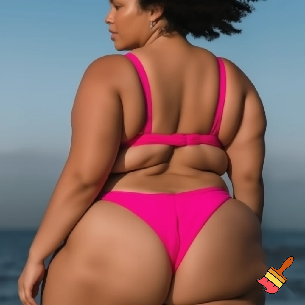 
Let's say a chubby woman in her 30s, wearing only the top part of her pink bikini, that is, her bra. Her back is turned to the camera and her hips are completely exposed