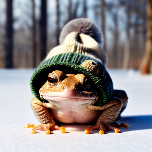 A laughable, puzzled animal toad in woolen, multicoloured winter clothings with woolen winter cap. Hyperrealistic art style.