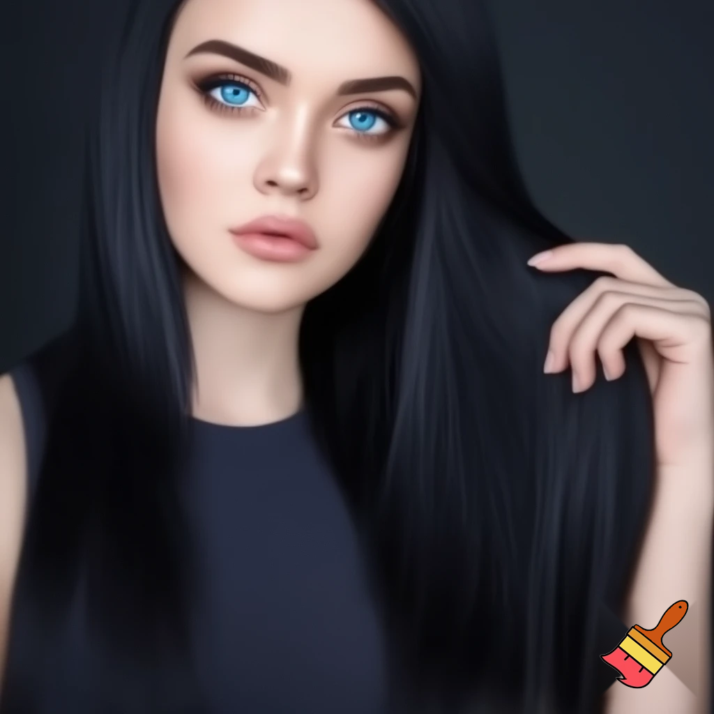 Female long black straight hair , ocean blue eyes, white skin drawing,and less  realistic and drawing with color
