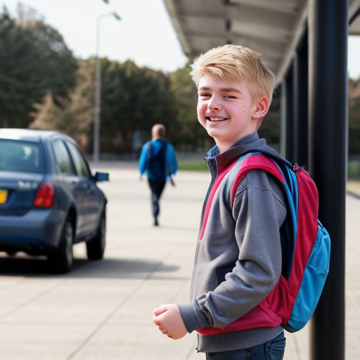 16 years old boy with blond hair, blue eys but a very small figure, he is not taller than a 4 years old boy. He is wearing a grey fleece jacket  with open zip and a blue tshirt, short jeans and a blue school backpack looking real. He is smiling and on the way home from school
