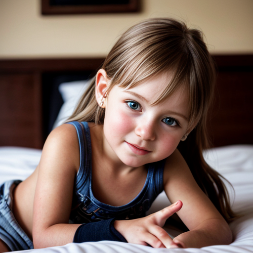 auburn little girl, brown eyed, sitting on bed, on the bedroom, close up