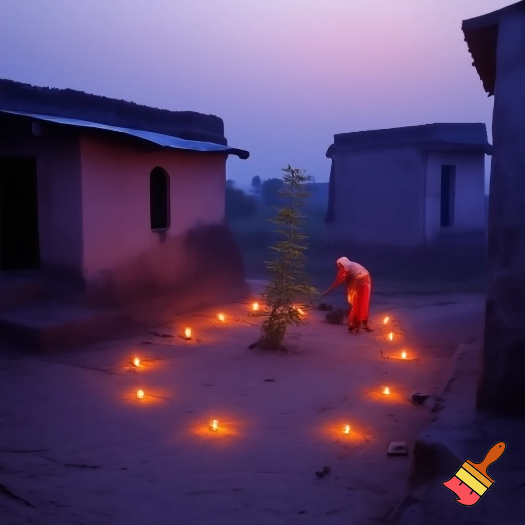 Early morning Indian village near Ganga river, small mud houses, tulsi plant in courtyard, women sweeping and lighting diya, soft sunrise light, peaceful spiritual aura, realism, cinematic tone.