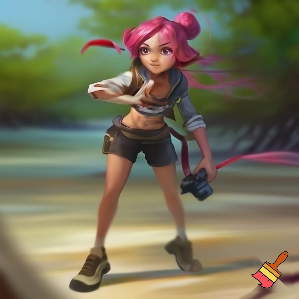 Appearance:
Aaria has bright pink hair tied into a stylish half-bun with loose strands framing her face. She has a big breast and a huge waist.  She wears a cropped adventure jacket over a sporty top, practical shorts for travel, and lightweight explorer shoes suited for mangroves and beaches. A compact camera always hangs at her side, ready to capture every new discovery. Her eyes sparkle with curiosity, and she often carries herself with an energetic pose that hints at confidence and creativity.

Personality:
Aaria is confident, clever, and endlessly curious — she sees the world through the lens of both her camera and her ideals. She documents everything she encounters, believing that every Pokémon and every moment tells a story worth remembering. Though she’s competitive, she treats battles like experiments and snapshots of growth rather than simple victories.

Role in the Story:
She starts as a fellow adventurer from Keraco Village, taking the opposite starter to yours. She travels the region photographing habitats, ruins, and trainers — and often challenges you to a friendly rematch to “capture your progress.” Her dream is to publish “The Light and Shadow Atlas of Indigoa.”