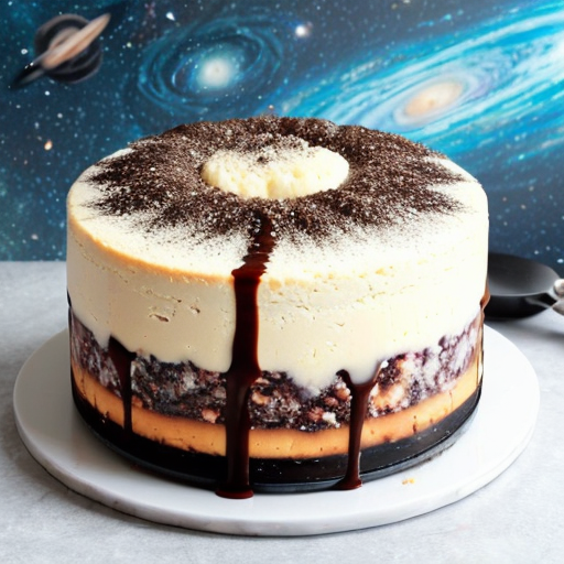give the thing a outer space theme Galaxy Swirl Cheesecake:A cheesecake full of chocolatey goodness and flavors out of this world. It has star sprinkles and galaxy shaped twirls.  make the background outer space and make the cake more outer spacey 
 
