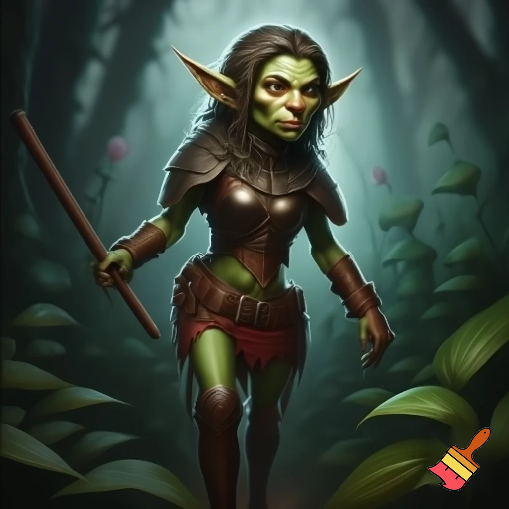 ambientazione fantasy, una ranger goblin femmina si aggira cauta tra le piante di un bosco misterioso