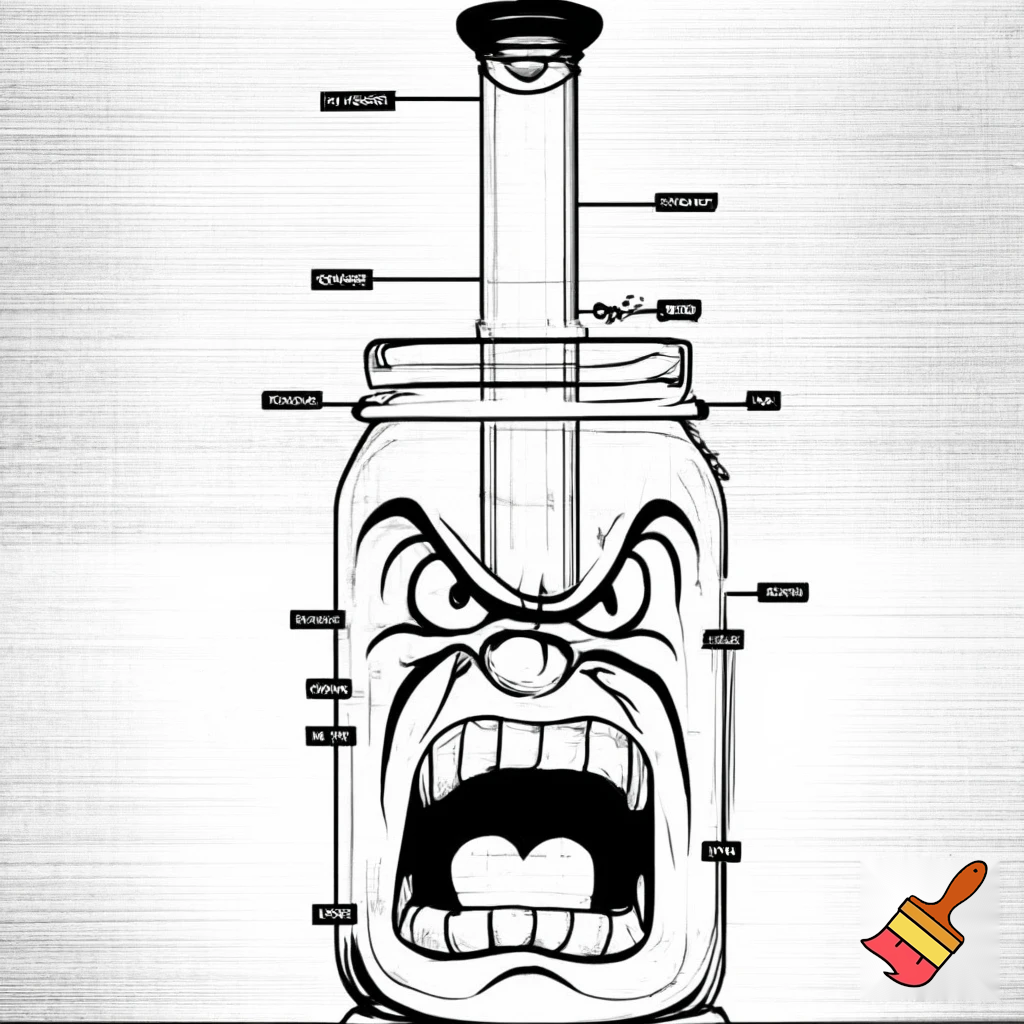 "A black and white diagram of a mason jar water pipe, with labels for 'MOUTHPIECE', 'DOWNSPOUT', 'BOWL HOLE', and 'MASON JAR'. The jar has an extremely angry, seething face with an open, shouting mouth, conveying intense, boiling rage that is trying to break free from the diagram's constraints."