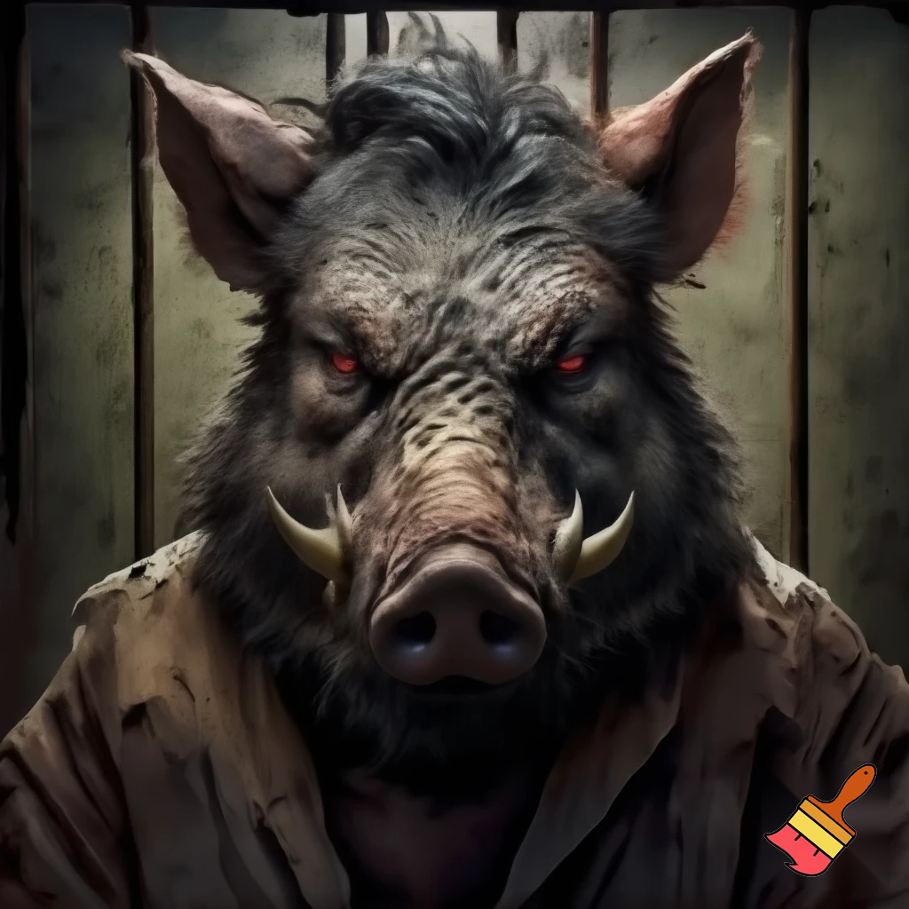 create a evil wanted poster with an image of a mugshot of a wild pig wearing prisoner clothes with red eyes.



