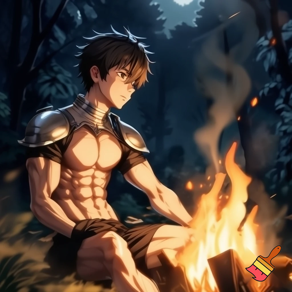 A teenage Anime knight sitting next to a campfire with all of his cloths except his underwear off and he has abs and muscles