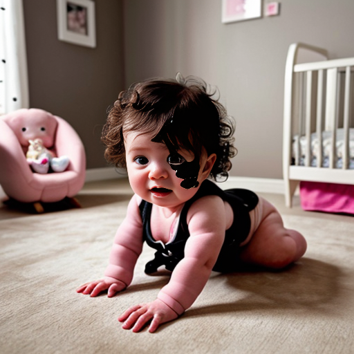 make a 1-year-old baby girl white and black mixed with brown curly hair in a pink baby room