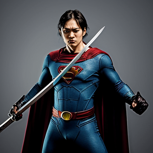 Superhero Timebreaker - bold, with silver eyes, wearing grey makintosh, have a katana