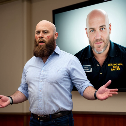 he's the professor and we are all  students at a lecture.bald guy with a beard trading futures ona big flatscreen tv set of 4, room with guns andf guitars aveytwhere and amps - the bald guy is the speaker not the tohers..., 

