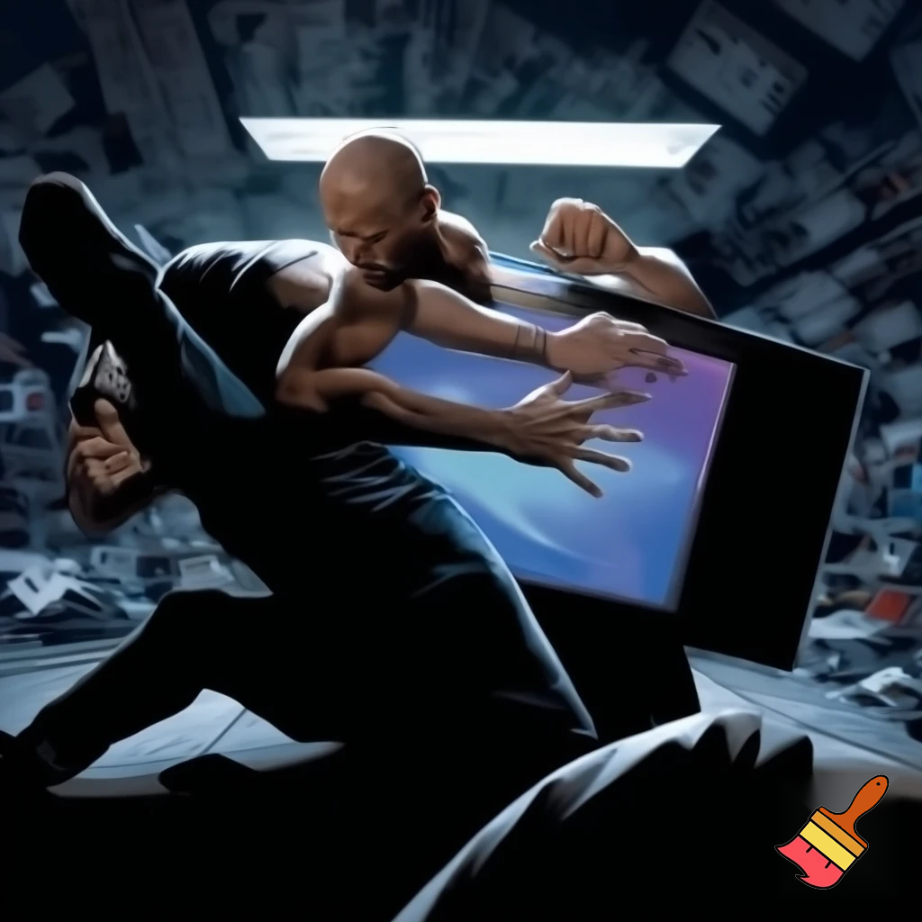 bald man fighting a man over a tv on black friday
