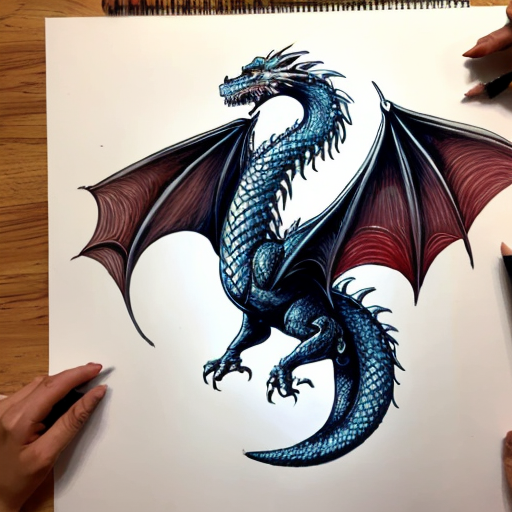 Draw me a mythological dragon flying through a town breathing fire