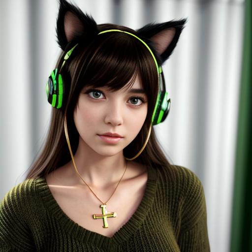 Make a cute anime girl with brown hair and has green eyes and has dark green curtain bangs and has cat ears and a green sweater and black headphones on her neck and has a gold cross necklace and small gold hoop earrings 