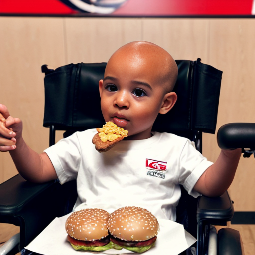 a black bald baby in a wheelchair eating kfc and a hamburger