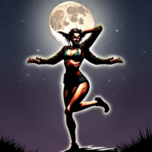 athletic female werewolf shifter. standing in front of the moon. dynamic pose. high quality. in the style of dungeons and dragons. detailed forest background.