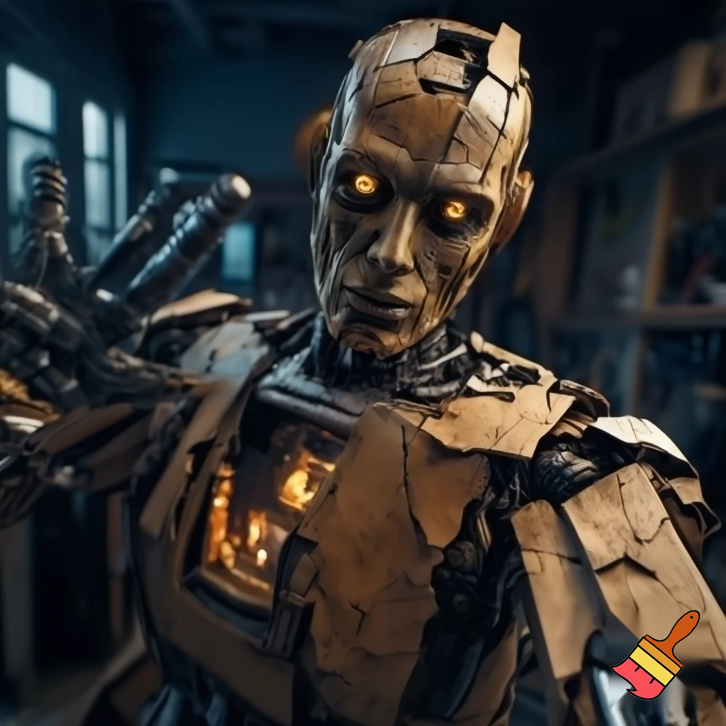 selfi standind robot face opened statue in cardboard