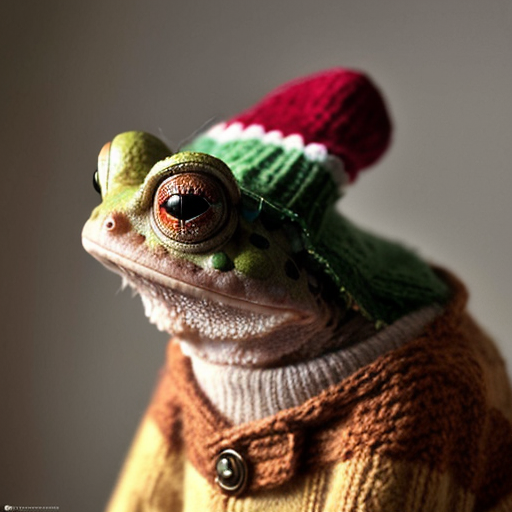 A laughable, puzzled animal toad in woolen, multicoloured winter clothings with woolen winter cap. Hyperrealistic style.