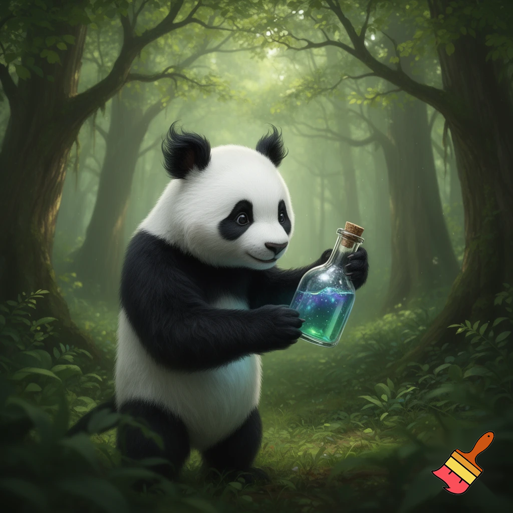 a panda theasher piking up a poshen bottle